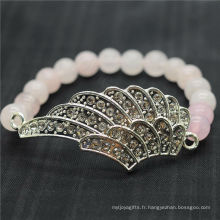 Rose Quartz 8MM Perles rondes Stretch Gemstone Bracelet avec diamante en alliage grosse pièce d&#39;aile